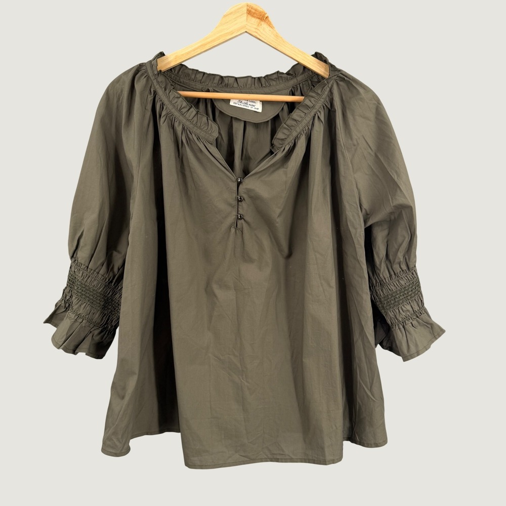 Shuttle Notes Women's Olive Henley Blouse Oversized Lightweight Woven